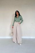 Bej Pileli Comfort Pantolon resmi